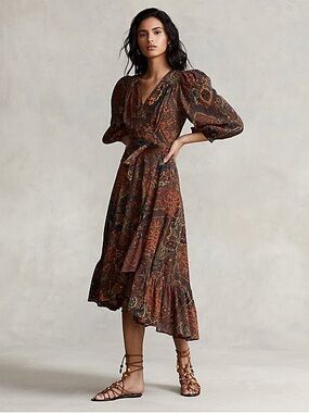 Ralph Lauren Print Cotton Wrap Midi Dress in Brown Paisley, 8.